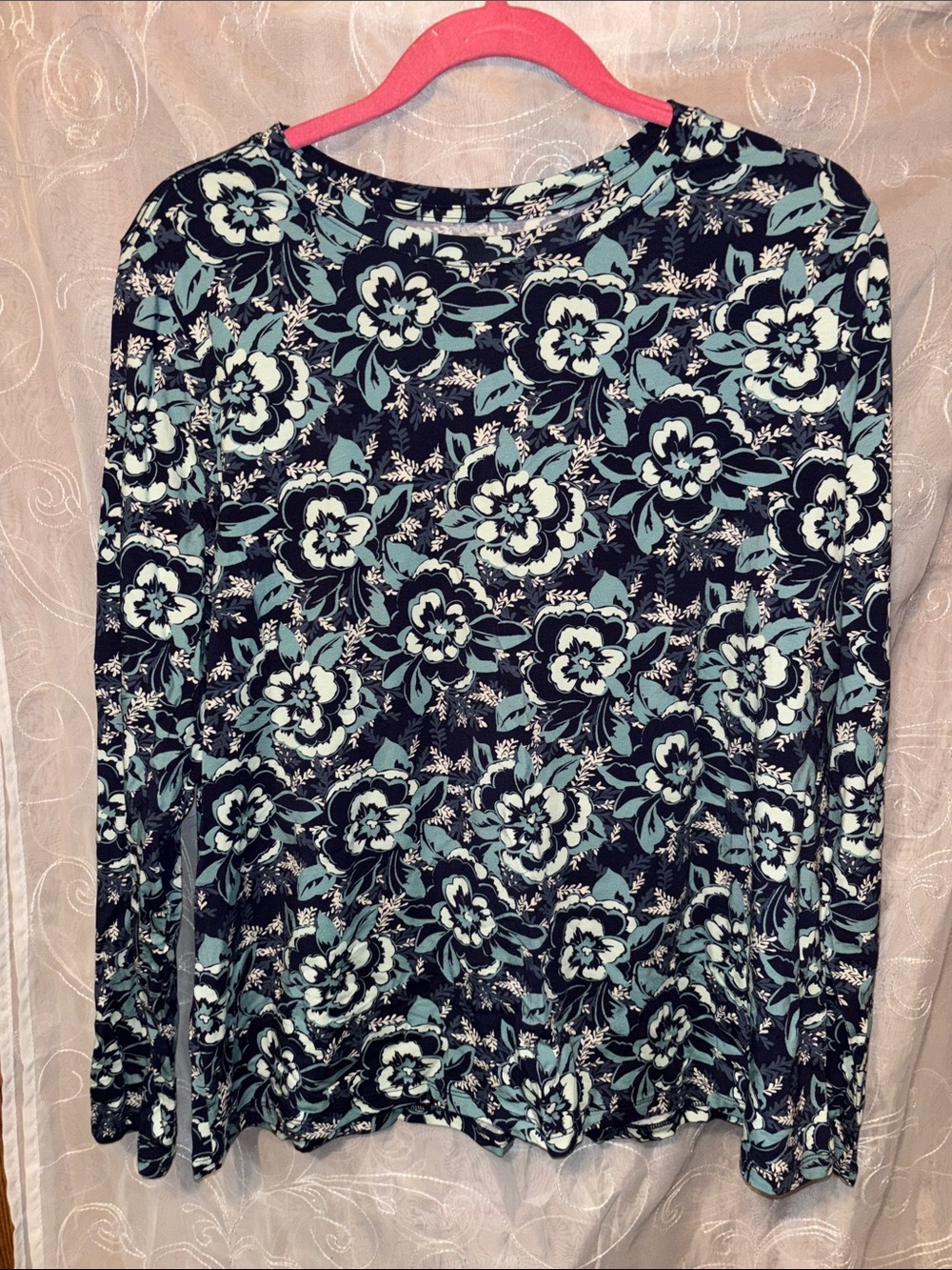 AnyBody Black Floral Long-Sleeve Dress with Teal Accents
